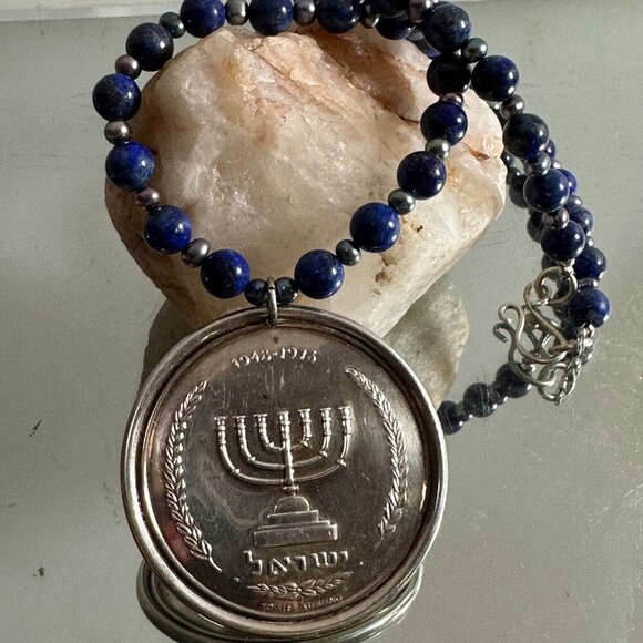 Star of David Menorah Sterling Silver Lapis Lazuli Necklace 925 Tahitian Pearls - Picture 3 of 8